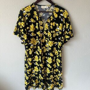 Michael Michael Kors Yellow Floral Chain Lace Up Ruffle Mini Dress Black‎ Large